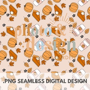 以下が含まれることがあります： カボチャ、パイのスライス、コーヒーカップ、オレンジ、茶色、白の秋の葉が、明るいピンクの背景にシームレスにデザインされています。テキストは「.PNG SEAMLESS DIGITAL DESIGN」と表示されています。
