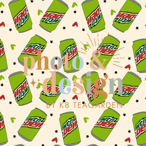 May include: A seamless pattern featuring green and white cans of Mountain Dew with the text "Mountain Dew" on the cans. The background is a light beige color with red hearts, green hearts, and black stars.