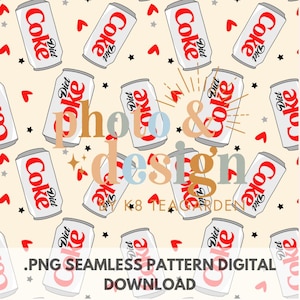 May include: A seamless pattern featuring a repeating design of red and white Diet Coke cans with red hearts and black stars on a cream background. The text "Diet Coke" is visible on each can.