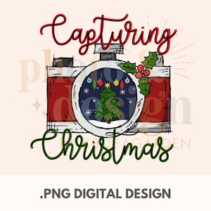 May include: A digital design featuring a red and white camera with a Christmas tree inside the lens. The text "Capturing Christmas" is written above the camera.