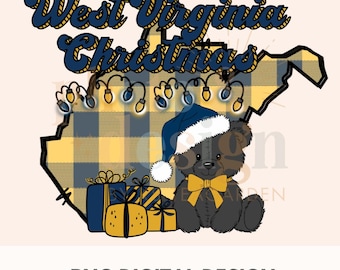 May include: A digital design featuring a cartoon teddy bear wearing a Santa hat and holding a gift box. The bear is in front of a yellow and blue plaid outline of the state of West Virginia with the text "West Virginia Christmas" above it.