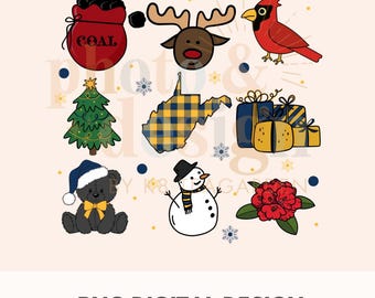 May include: A set of digital illustrations featuring West Virginia-themed Christmas imagery. The illustrations include a Christmas tree, a snowman, a reindeer, a cardinal, a bag of coal, a teddy bear, a gift box, and a rhododendron flower.