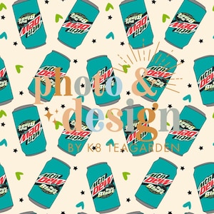 May include: A seamless pattern featuring a repeating design of teal and white Mountain Dew Baja Blast cans on a cream background. The cans are surrounded by small black stars, green hearts, and blue hearts.