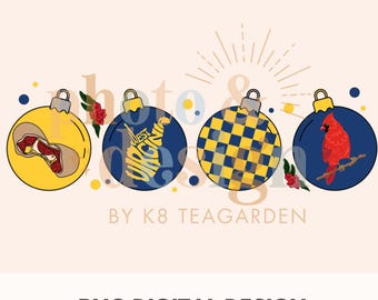 May include: Four Christmas ornaments with a West Virginia theme. The ornaments are yellow, blue, and red with a checkered pattern, a state outline, and a cardinal bird.