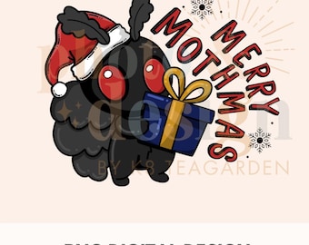 May include: A black and red cartoon moth wearing a Santa hat and holding a blue and gold gift box. The text "Merry Mothmas" is written in red and white letters around the moth.