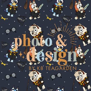 May include: A seamless pattern featuring cartoon dogs and cats dressed as wizards. The background is a dark blue with stars and other magical elements. The text "photo & design by K8 TEAGARDEN" is at the bottom of the pattern.