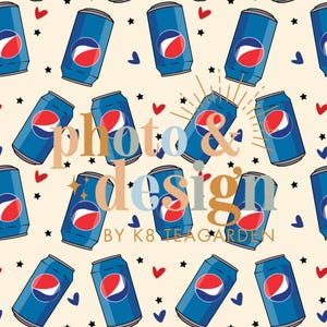 Puede incluir: Un patrón sin costuras que presenta latas de soda azules y rojas con un logotipo blanco sobre un fondo crema. El patrón también incluye corazones rojos, corazones azules y estrellas negras.