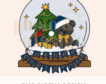 May include: A snow globe with a black teddy bear, a Christmas tree, and a cardinal inside. The snow globe is on a wooden base with a banner that reads "Merry Christmas".