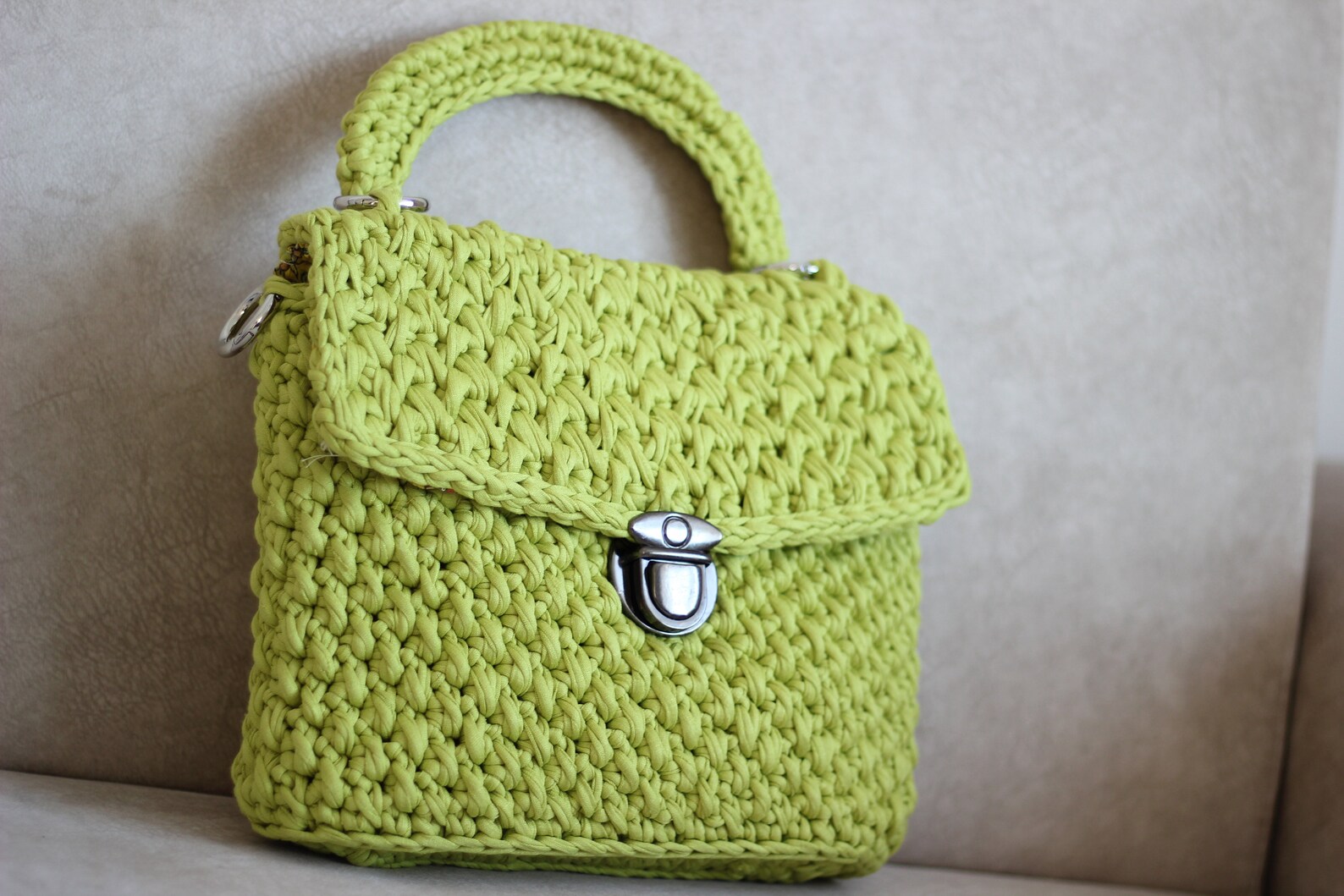 Green tshirt yarn handmade knit bag Etsy