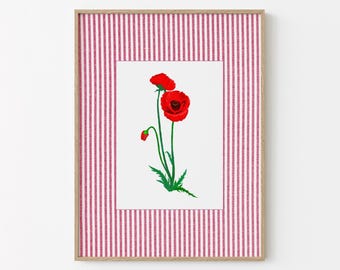 Poppy Flower Vintage Print | Red Floral Printable Wall Art | Red Cottagecore Decor | Red Botanical Kitchen Print | Elegant Entryway Decor