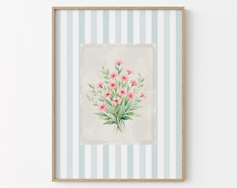 Blue Floral Stripe Print | Cottagecore Farmhouse Wall Art (Digital Download)