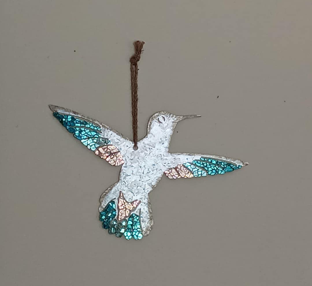 Galvanized Metal Hummingbird With Turquoise, Light Green and Champagne