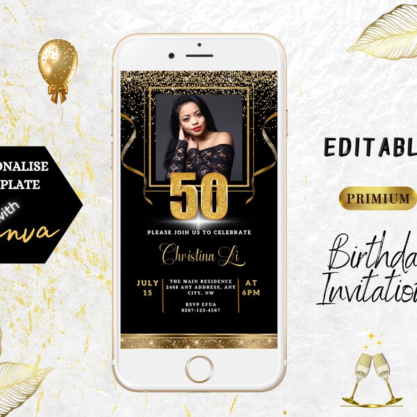 50th Birthday Party Invitation, Black Gold Birthday Evite With Photo, Digital Evite, Electronic Editable Evite Template, INSTANT Download