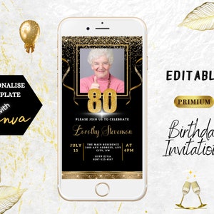 80th Birthday Party Invitation, Black Gold Birthday Evite With Photo, Electronic Editable Evite Template, Downloaded Invite