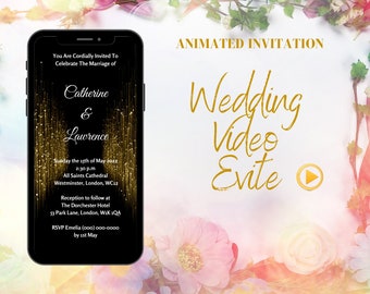 Wedding Video Evite, Elegant Gold Flower Sparkle, Animated Video Invitation, Digital Wedding Invitation for Smartphone, Social Media