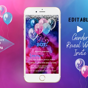 Animated Digital Gender Reveal Video Invitation, Baby Shower Blue Pink Ink Blend Invite, Editable Evite, DIY Smartphone, Instant Download