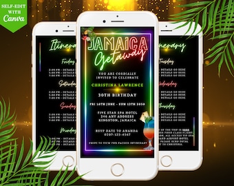 Digital Jamaica Getaway Birthday Invite, Tropical Itinerary, 7 Day Trip Itinerary, Electronic Schedule, Editable Template, INSTANT Download