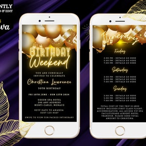 Electronic Gold Neon Birthday Weekend Invitation, Balloons Birthday Getaway Itinerary Evite, DIY Editable Canva Template, INSTANT Download