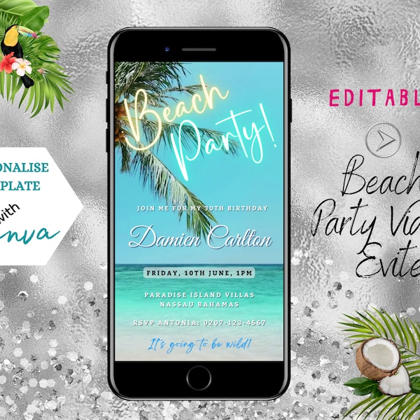 Animation Digital Beach Party Invitation, Tropical Editable Video Beach Birthday Evite, Ocean, Destination Invite Template, INSTANT Download