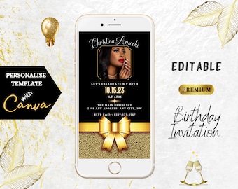 Golden Glam Birthday Invitation | Editable Digital Invite | Elegant Black Gold Design | Photo Frame | Instant Download | Any Age Celebration