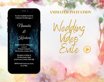 Wedding Video Evite, Elegant Blue Green Flower Sparkle, Animated Video Invitation, Digital Wedding Invitation for Smartphone, Social Media