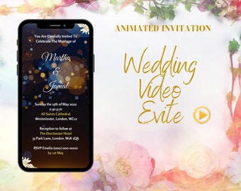 Wedding Video Evite, Elegant Gold Blue Flower Sparkle, Animated Video Invitation, Digital Wedding Invitation for Smartphone, Social Media
