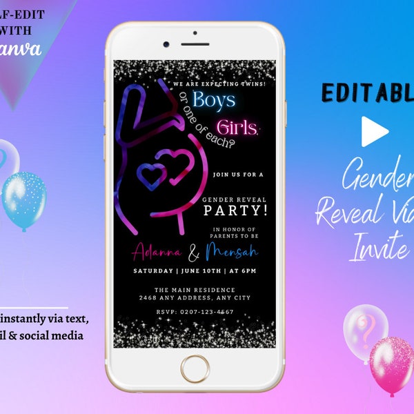 Animated TWINS Gender Reveal Video Invite, Boys or Girls Evite, Customizable Electronic Baby Is Brewing Party Invitation, Instant Download