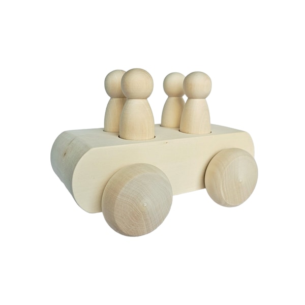 Wooden Peg Doll Car Vehicle (w 4 Peg Dolls) / DIY Kids Toddler Play Toy Blank Montessori / Art Craft Paint Supply / Birthday Christmas Gift