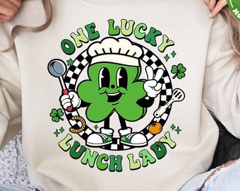One Lucky Lunch Lady Png, School Lunch Crew St. Patrick's Day PNG, Retro, Shamrock, Funny, Sublimation Design Downloads