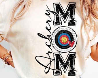 May include: A white t-shirt with the text "Archery Mom" in black with a stylized archery target and a red heart. The target has black, red, blue, and yellow rings.