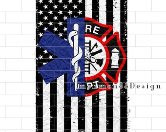 May include: A distressed American flag design with a red fire department emblem and a blue medical star of life symbol. The text "FIRE" is visible on the emblem.