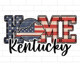 Może przedstawiać: Wzór amerykańskiej flagi w stylu vintage z napisem "HOME" i zaznaczonym stanem Kentucky w środku. Tekst "Kentucky" jest napisany czarnym, ozdobnym pismem pod flagą.