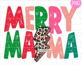 May include: A graphic design with the words "MERRY MAMA" in red, green, and pink, with a leopard print lightning bolt in the center. The design has a distressed, vintage look and is set against a white brick wall background.