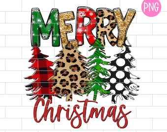 May include: A festive Christmas design with the words "MERRY CHRISTMAS" in a mix of fonts and patterns. The word "MERRY" features green, gold glitter, red, and leopard print. The word "Christmas" is in red script. Four Christmas trees are below the text.