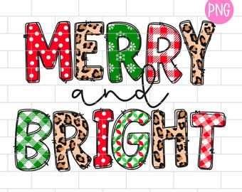 Puede incluir: Gráfico festivo con las palabras "MERRY and BRIGHT" en una variedad de patrones. Las letras presentan lunares, estampado de leopardo, cuadros y diseños de copos de nieve, todo en una paleta de colores navideños de rojo, verde y marrón.