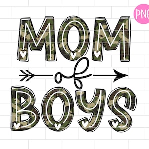 Puede incluir: Gráfico digital con el texto "MOM of BOYS" en un patrón de camuflaje. Las palabras "MOM" y "BOYS" están en letras grandes y en negrita, con una flecha negra que apunta de "MOM" a "BOYS". El fondo es blanco.