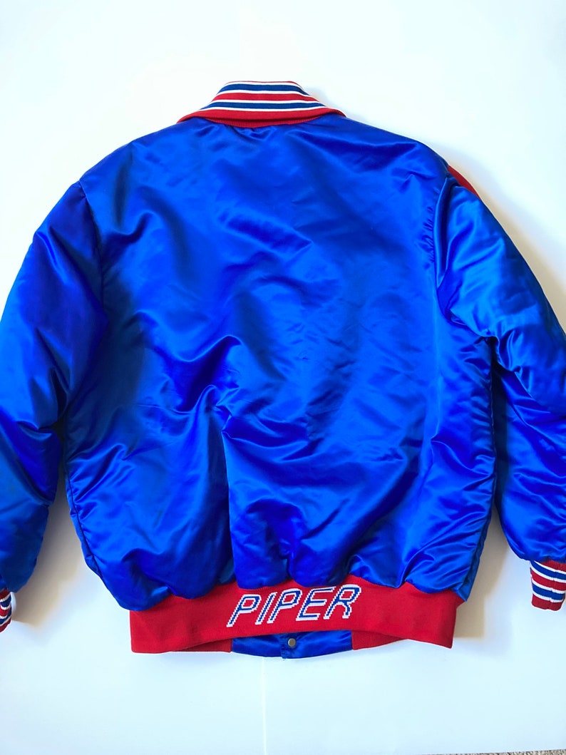 Vintage Piper aircraft nylon bomber jacket 1980\u2019s red blue spellout men\u2019s LXl fit unisex
