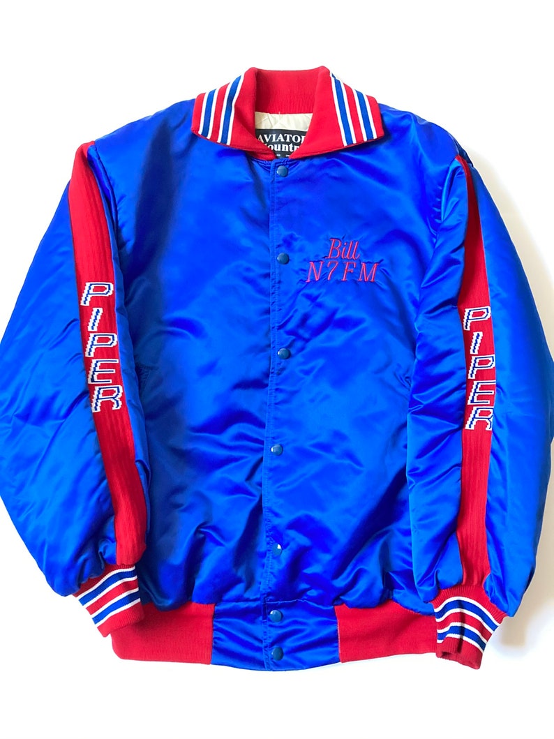 Vintage Piper aircraft nylon bomber jacket 1980\u2019s red blue spellout men\u2019s LXl fit unisex