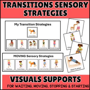 Op de afbeelding: Een kleurrijke educatieve poster met de tekst "TRANSITIONS SENSORY STRATEGIES" en "VISUALS SUPPORTS". Het bevat illustraties van verschillende oefeningen en activiteiten, waaronder "Animal Walks" en "Wall Pushes", ontworpen voor wachten, bewegen, stoppen en starten.