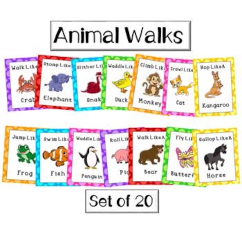 May include: A set of 20 colorful flashcards with animal illustrations and action words. Each card features a different animal, such as a crab, elephant, and frog, with text like "Walk Like" and "Jump Like". The cards are arranged in rows.