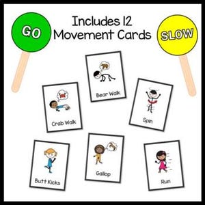 May include: A set of 12 movement cards featuring illustrations of various activities, such as crab walk, bear walk, spin, gallop, run, and butt kicks. The cards are labelled with the name of the movement and are designed for use in physical activity and movement games. The cards are printed on white cardstock and have a black and white design. The cards are labelled with the words "GO" and "SLOW" at the top.