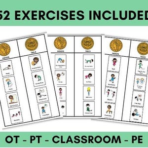 May include: Three white exercise charts with illustrations and text, including the text "52 EXERCISES INCLUDED!" and "OT - PT - CLASSROOM - PE". Each chart has a gold coin design at the top. The charts are for physical therapy or classroom use.