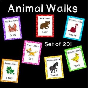 May include: A set of 20 flashcards with the title "Animal Walks." Each card features a different animal, such as a crab, bear, snake, cat, duck, frog, and horse, with text indicating how they move. The cards have colorful borders.