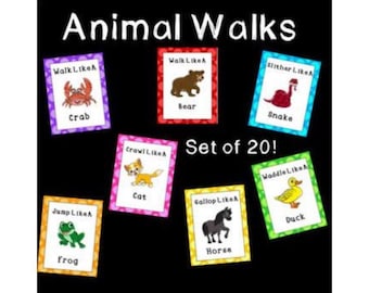 Animal Walks Cards- 20 Printable Gross Motor Movement Cards - Brain Breaks - OT Sensory Input