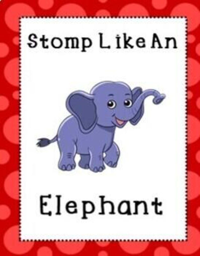 May include: A rectangular sign with a red border and white interior features a cartoon illustration of a purple elephant. The text "Stomp Like An Elephant" is printed in black.