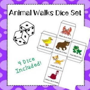 Op de afbeelding: Een witte Animal Walks Dice Set met een paarse rand. De set bevat twee dobbelstenen en vier dobbelstenen met dierenthema: krab, beer, kikker, kat, eend en slang. De tekst "4 Dice Included!" is ook aanwezig.