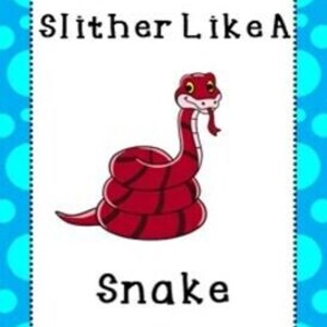 May include: A white card with the text "Slither Like A Snake" and a cartoon illustration of a red snake coiled up. The card has a blue border with white polka dots.