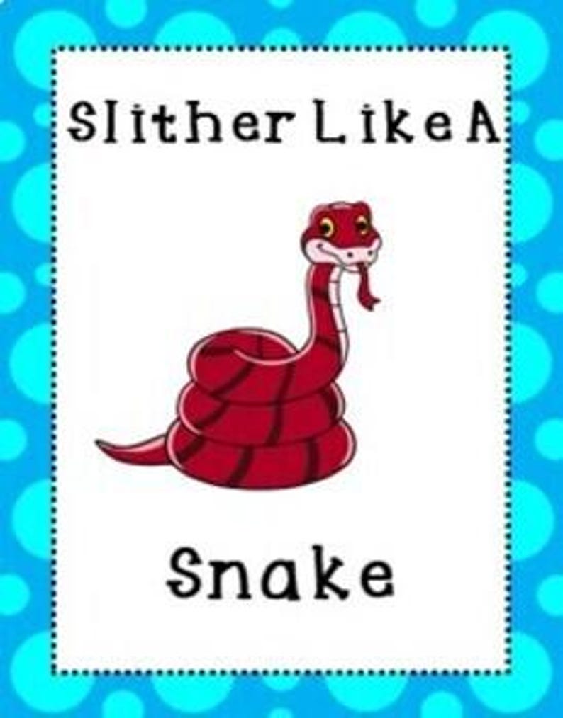 May include: A white card with the text "Slither Like A Snake" and a cartoon illustration of a red snake coiled up. The card has a blue border with white polka dots.