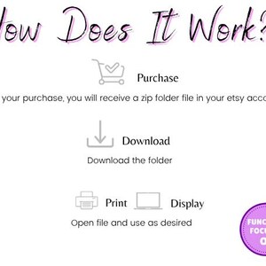 May include: White graphic with the text "How Does It Work?" and instructions for purchasing, downloading, printing, and displaying a file. A purple circle with "Function Focused OT" is in the bottom right corner.