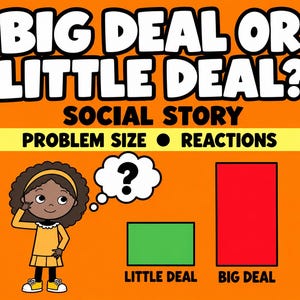 May include: An educational graphic with an orange background featuring the text BIG DEAL OR LITTLE DEAL? SOCIAL STORY PROBLEM SIZE REACTIONS. It shows a cartoon character with a thought bubble containing a question mark, a green rectangle labelled LITTLE DEAL, and a red rectangle labelled BIG DEAL.